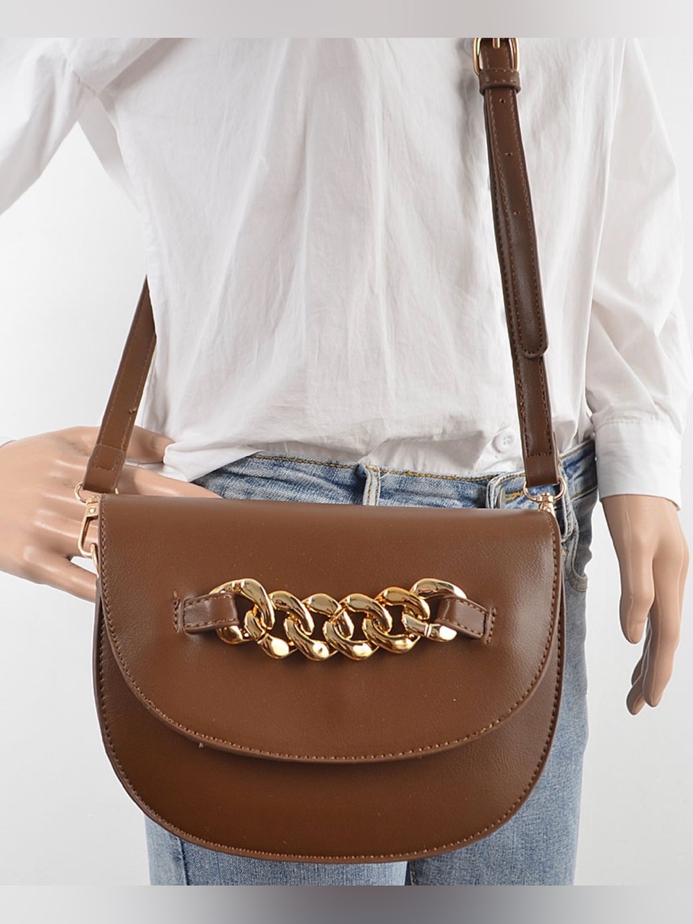 2-in-1 Brown Crossbody/Wristlet Bag with Gold Chain Accent